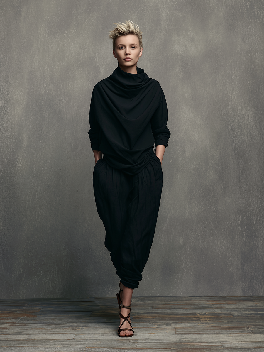 Women's Minimalist Black Polyester-Cotton Set: Mock-Neck Top & Loose-Fit Tapered Cropped Harem Pants