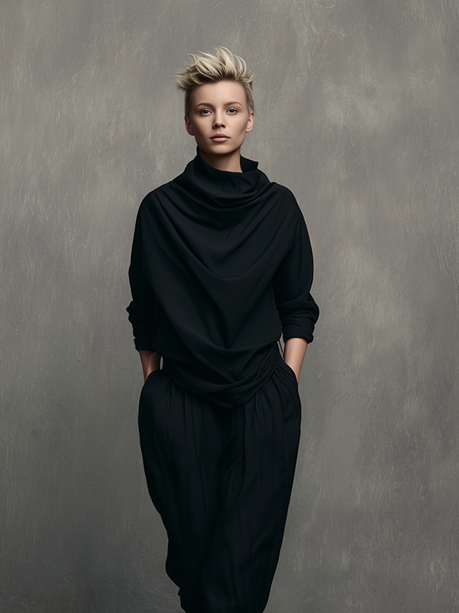 Women's Minimalist Black Polyester-Cotton Set: Mock-Neck Top & Loose-Fit Tapered Cropped Harem Pants