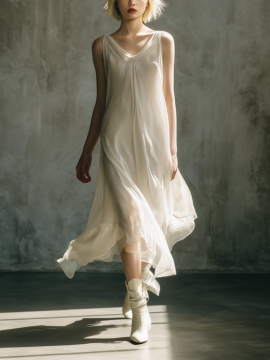 Women's Minimalist & Elegant Casual Off-White Chiffon Layered Sleeveless Midi Dress