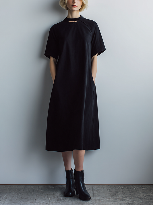Women's Casual Minimalist Black Poly-Cotton Midi Dress — Short Sleeve, Crew Neck, Cutout Design