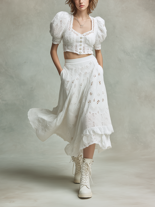 Women's Elegant & Casual Cotton-Linen Set: White Openwork Embroidered Puff-Sleeve Crop Top And Midi Skirt
