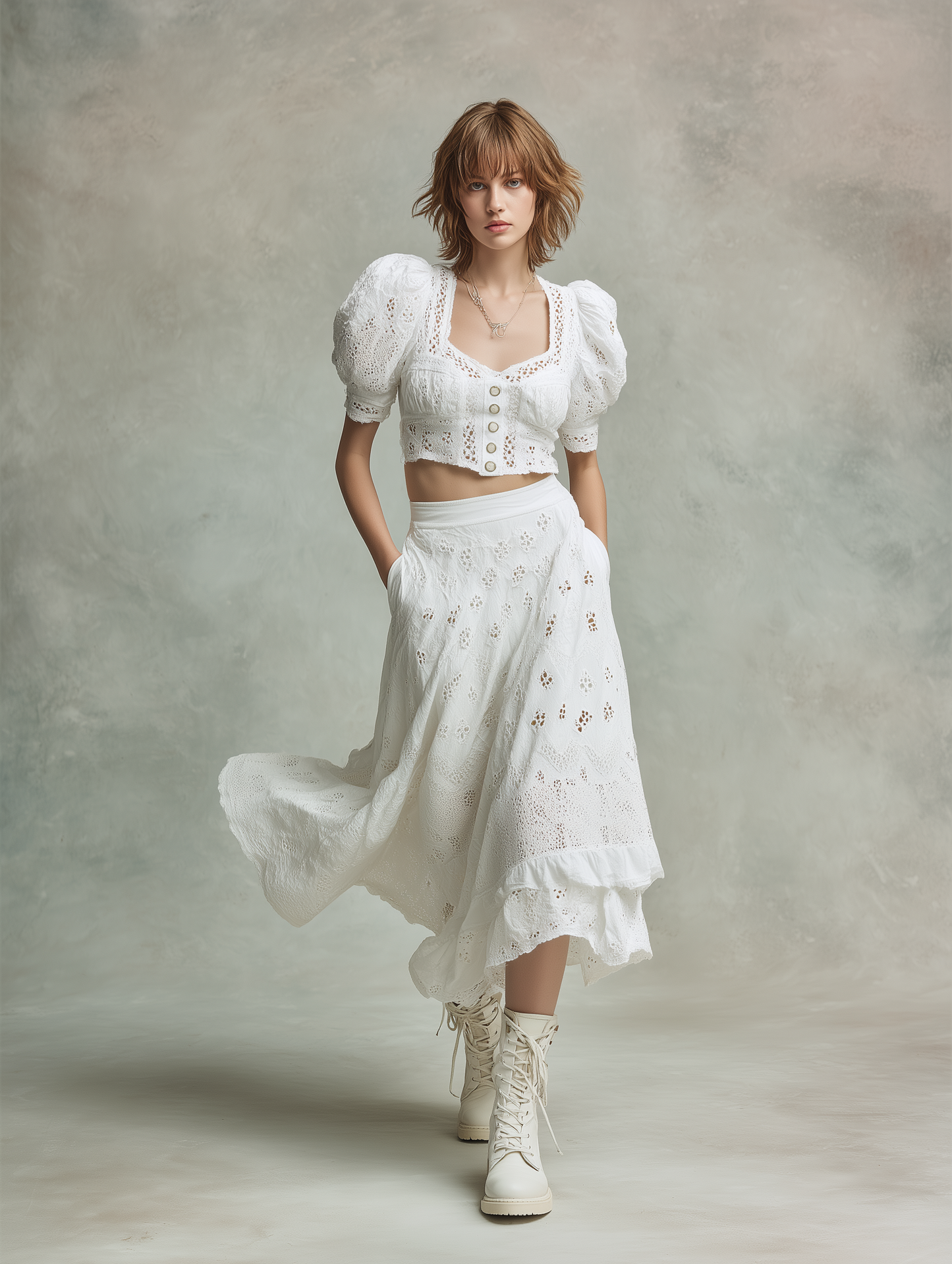 Women's Elegant & Casual Cotton-Linen Set: White Openwork Embroidered Puff-Sleeve Crop Top And Midi Skirt