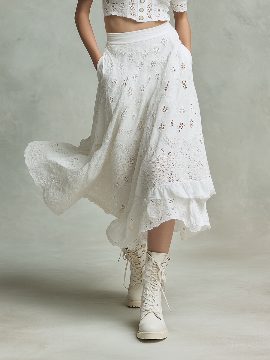 Women's Elegant & Casual Cotton-Linen Set: White Openwork Embroidered Puff-Sleeve Crop Top And Midi Skirt