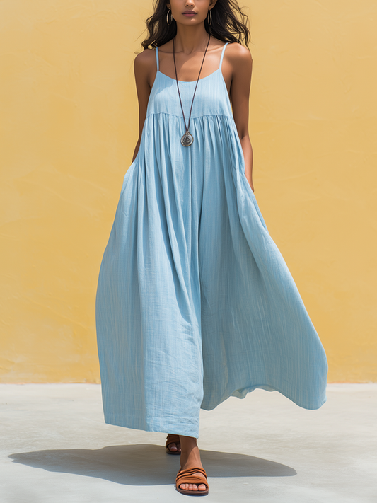 Women's Minimalist Vacation-Style Blue Cotton-Linen Ankle-Length Strappy Dress