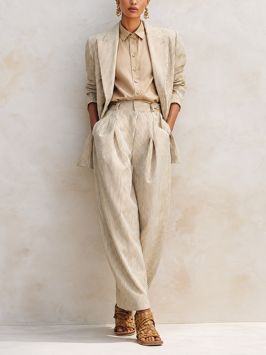 Women's Vintage-Style Simple & Elegant Cotton-Linen Suit Set — Khaki Striped, Peak Lapel, Long Sleeve Jacket & Trousers
