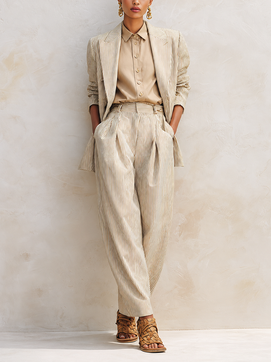 Women's Vintage-Style Simple & Elegant Cotton-Linen Suit Set — Khaki Striped, Peak Lapel, Long Sleeve Jacket & Trousers