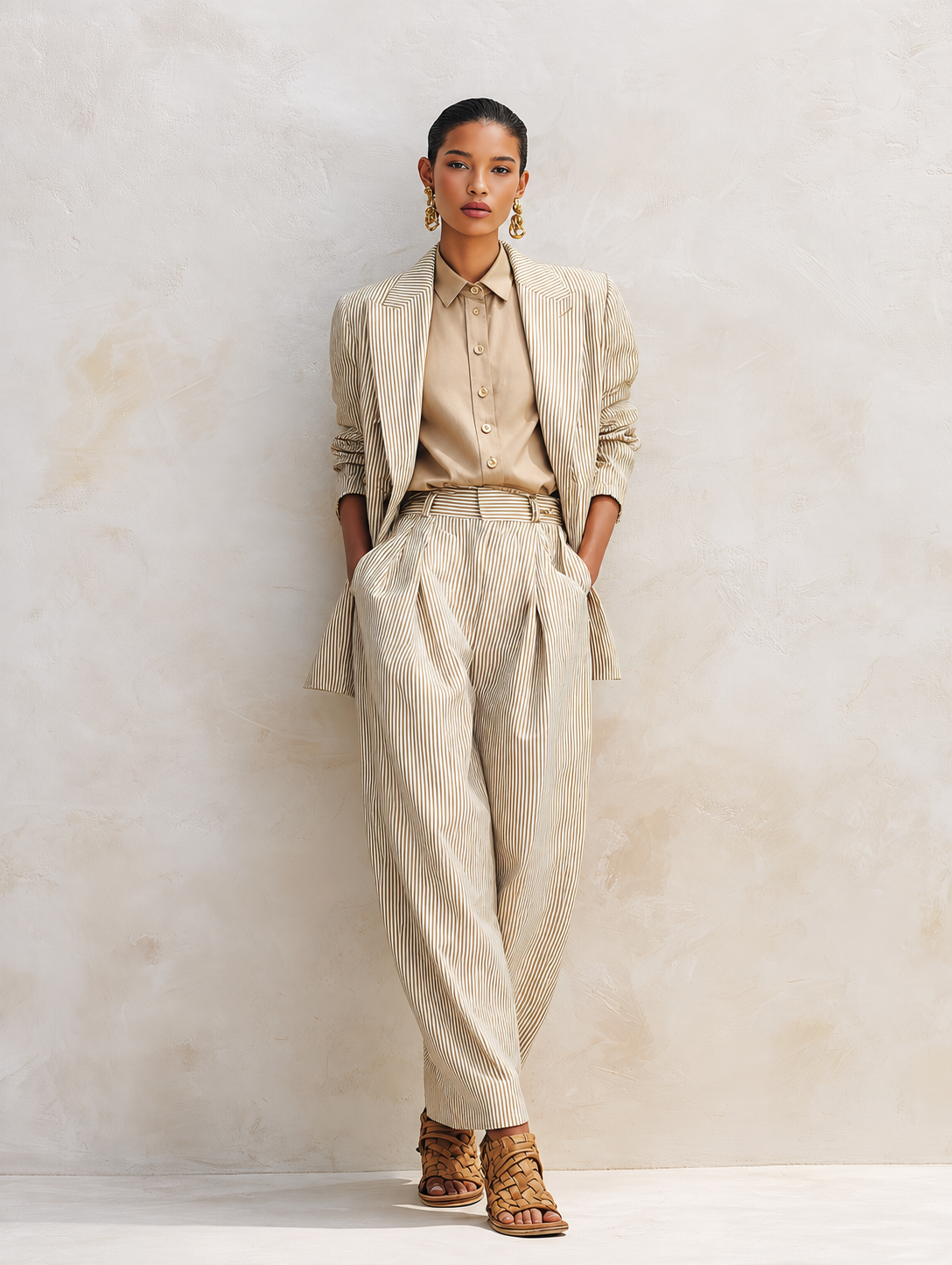 Women's Vintage-Style Simple & Elegant Cotton-Linen Suit Set — Khaki Striped, Peak Lapel, Long Sleeve Jacket & Trousers