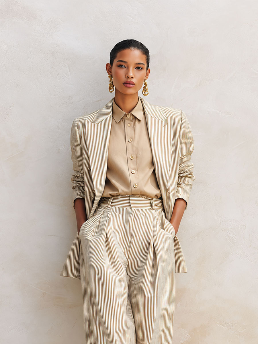 Women's Vintage-Style Simple & Elegant Cotton-Linen Suit Set — Khaki Striped, Peak Lapel, Long Sleeve Jacket & Trousers