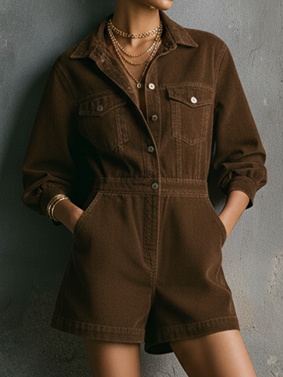 Women's Vintage Style Brown Washed Denim Metal Button Waist-Tailored Collared Long-Sleeve Short Jumpsuit
