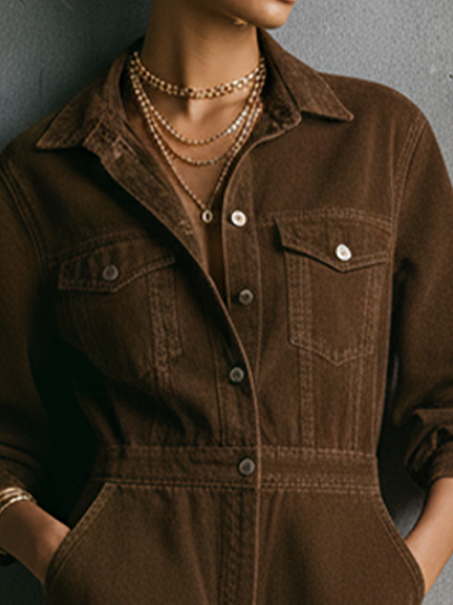Women's Vintage Style Brown Washed Denim Metal Button Waist-Tailored Collared Long-Sleeve Short Jumpsuit
