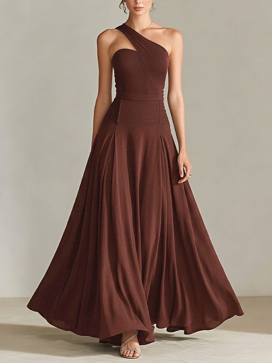 Women's Chocolate Brown Jersey Gown With One-Shoulder Strap & A-Line Skirt, Timeless Elegant Bridesmaid Dress
