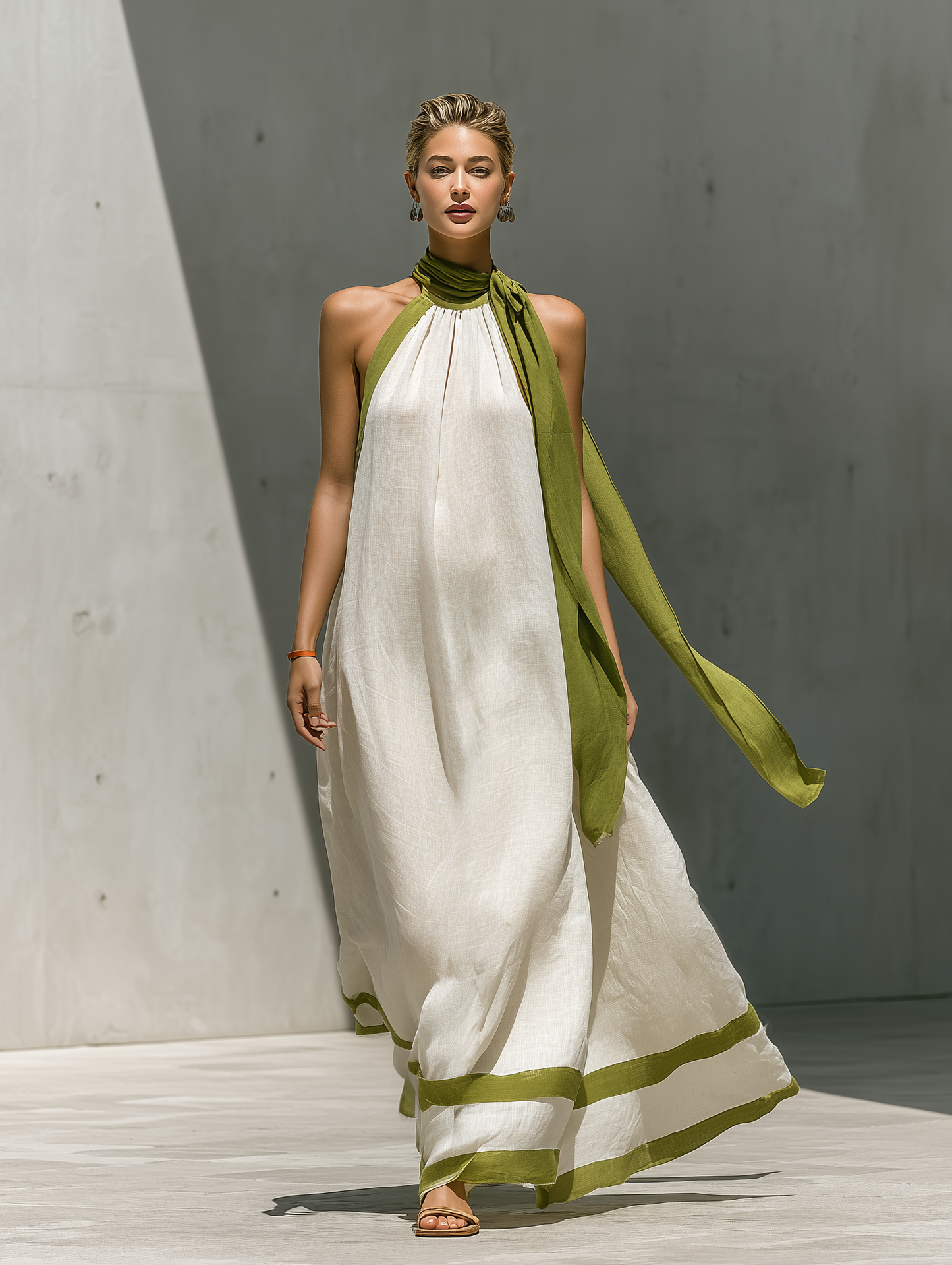Women’s White Linen-Blend Halter Neck Maxi Dress With Green Contrast Trim & Tie Detail