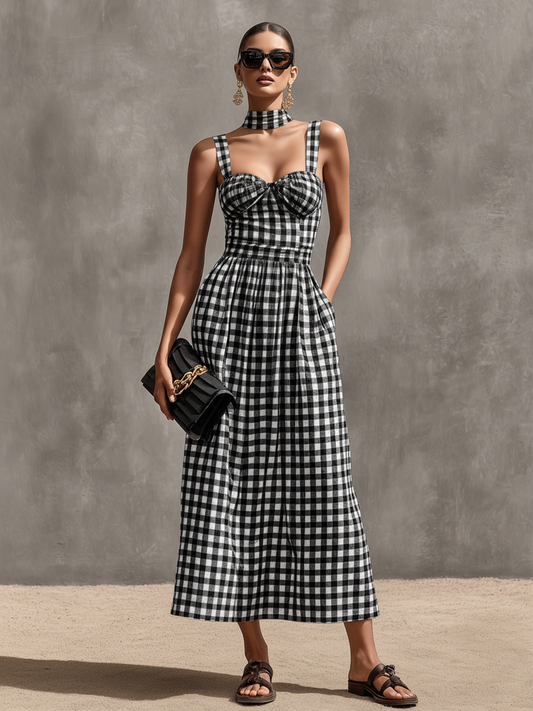 Women's Black & White Gingham Cotton Maxi Dress With Sweetheart Neck & Matching Choker, Timeless Retro Casual Dress