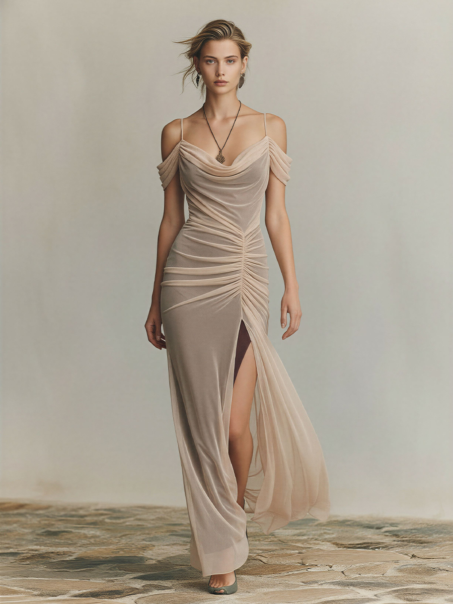 Women's Nude Mesh Maxi Dress With Cowl Neck & Ruched Front, Timeless Elegant Evening Gown