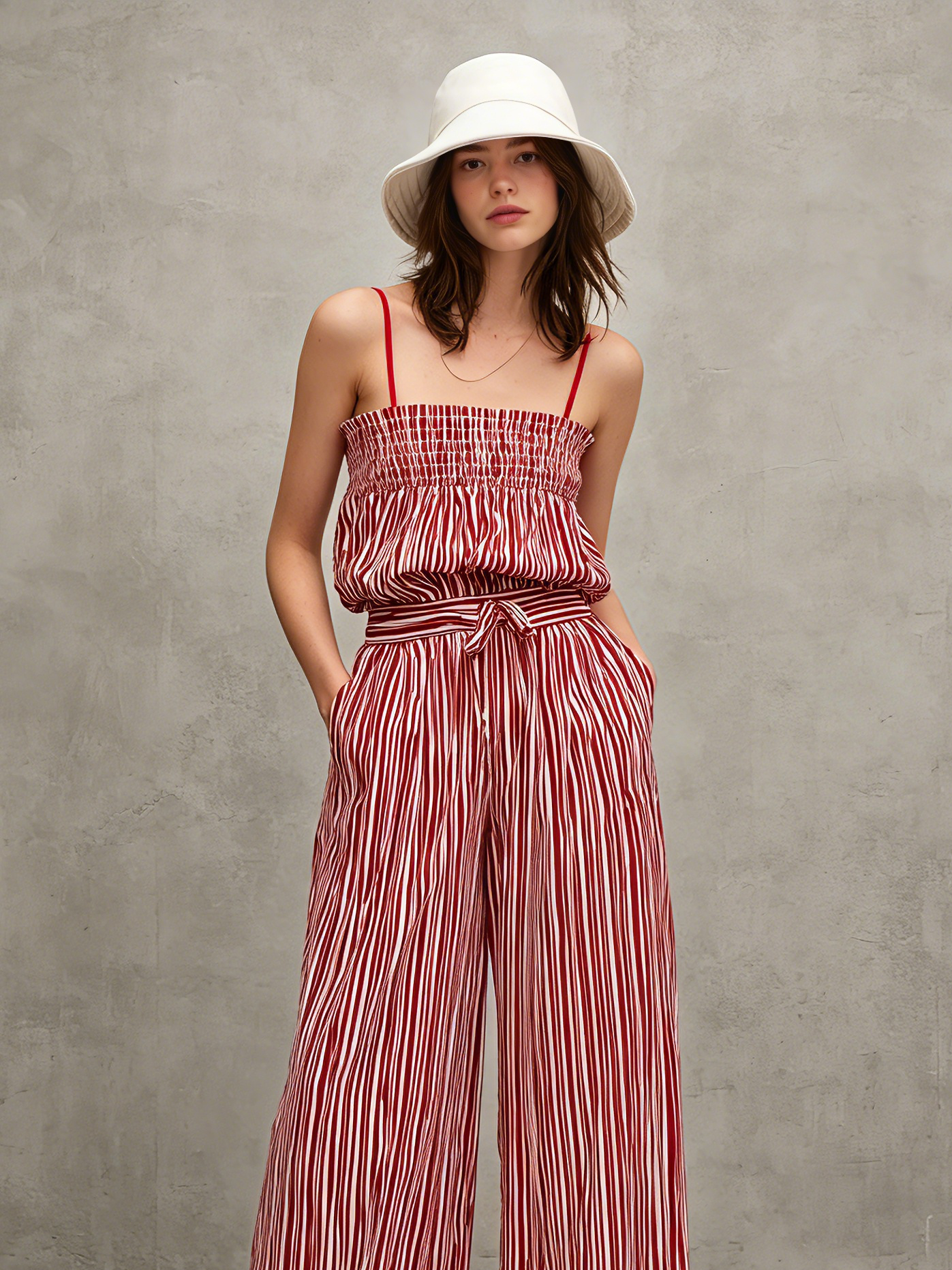 Women's Casual Red & White Striped Print Woven Jumpsuit — Sleeveless, Spaghetti Strap, Full-Length