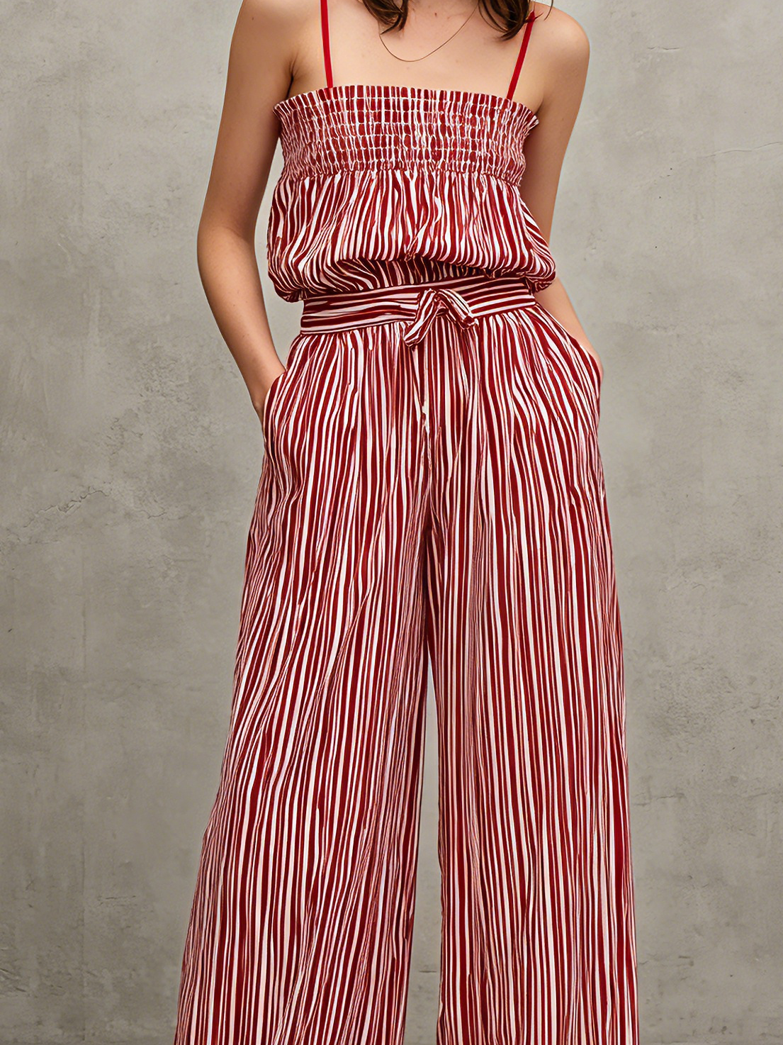 Women's Casual Red & White Striped Print Woven Jumpsuit — Sleeveless, Spaghetti Strap, Full-Length
