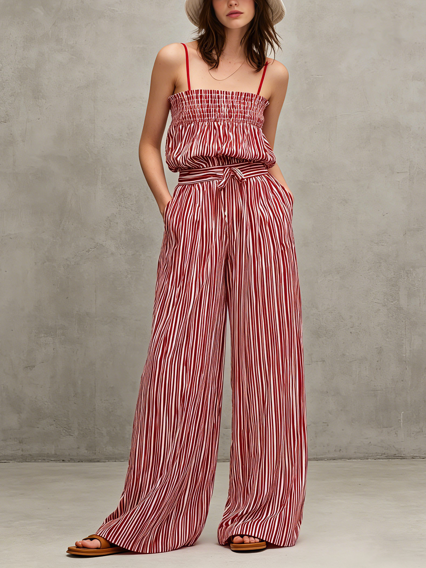 Women's Casual Red & White Striped Print Woven Jumpsuit — Sleeveless, Spaghetti Strap, Full-Length