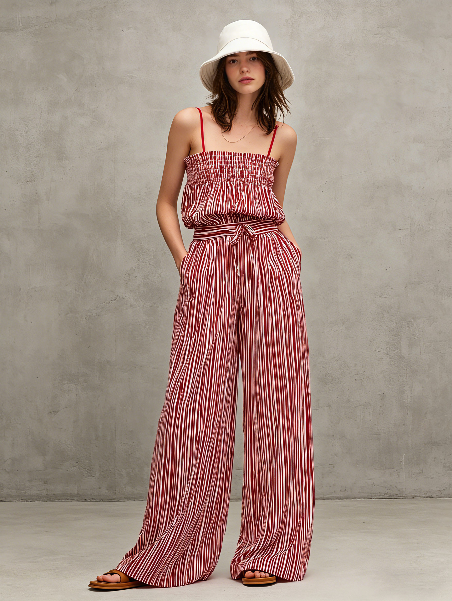 Women's Casual Red & White Striped Print Woven Jumpsuit — Sleeveless, Spaghetti Strap, Full-Length
