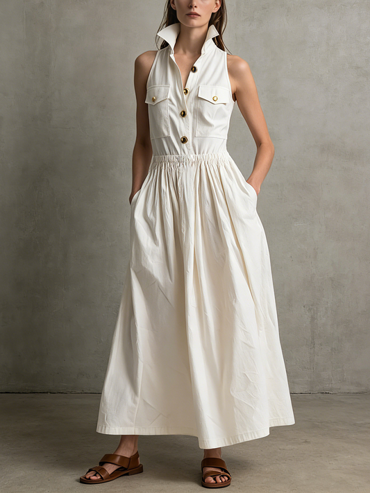 Women's Casual White Cotton-Linen Sleeveless Maxi Dress With Shirt Collar