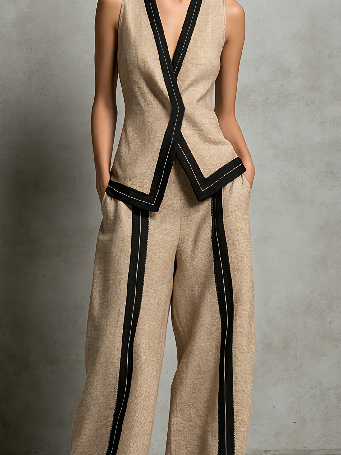 Women's Casual Brown Cotton-Linen V-Neck Sleeveless Vest And Trousers Set
