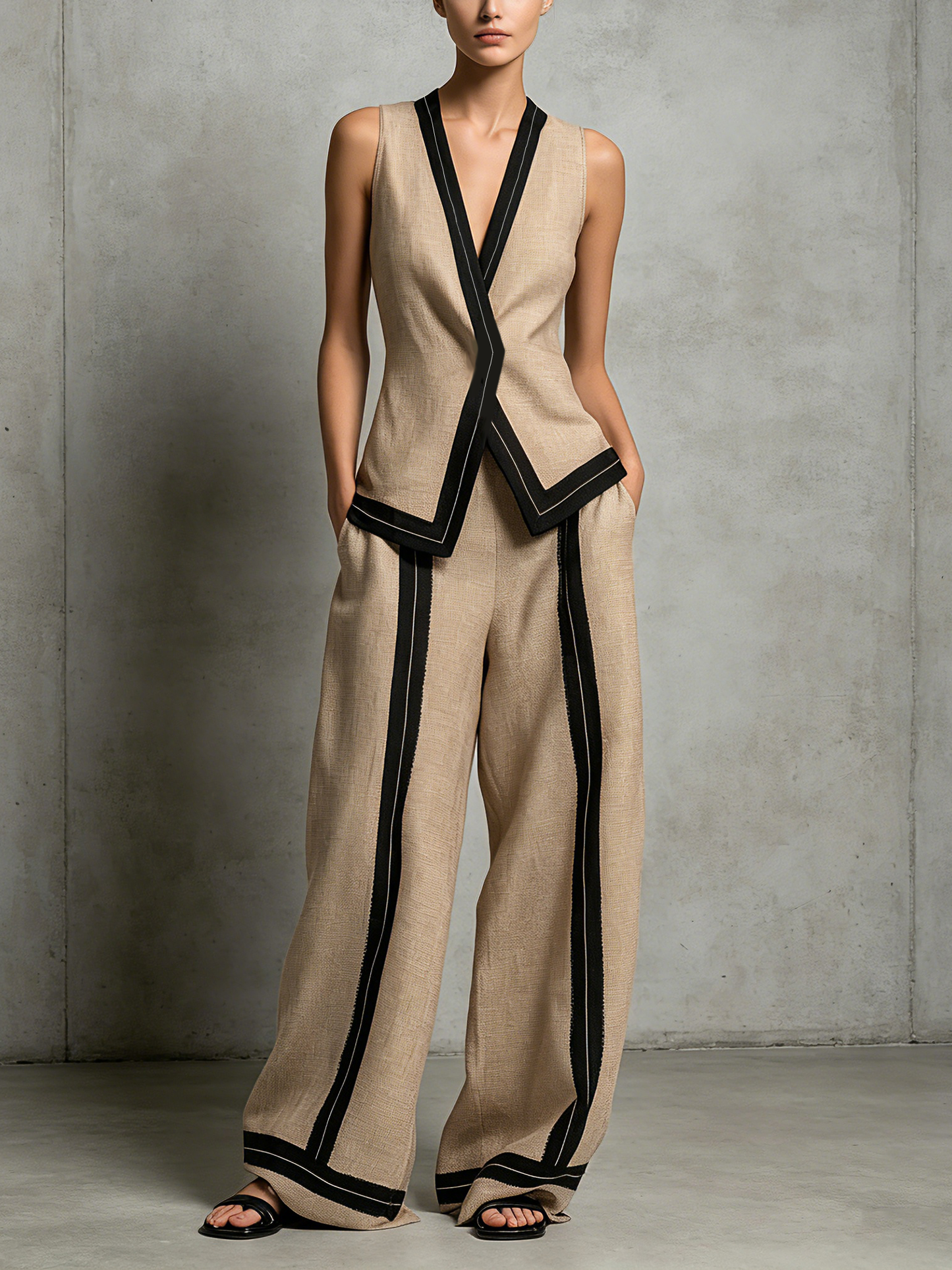 Women's Casual Brown Cotton-Linen V-Neck Sleeveless Vest And Trousers Set