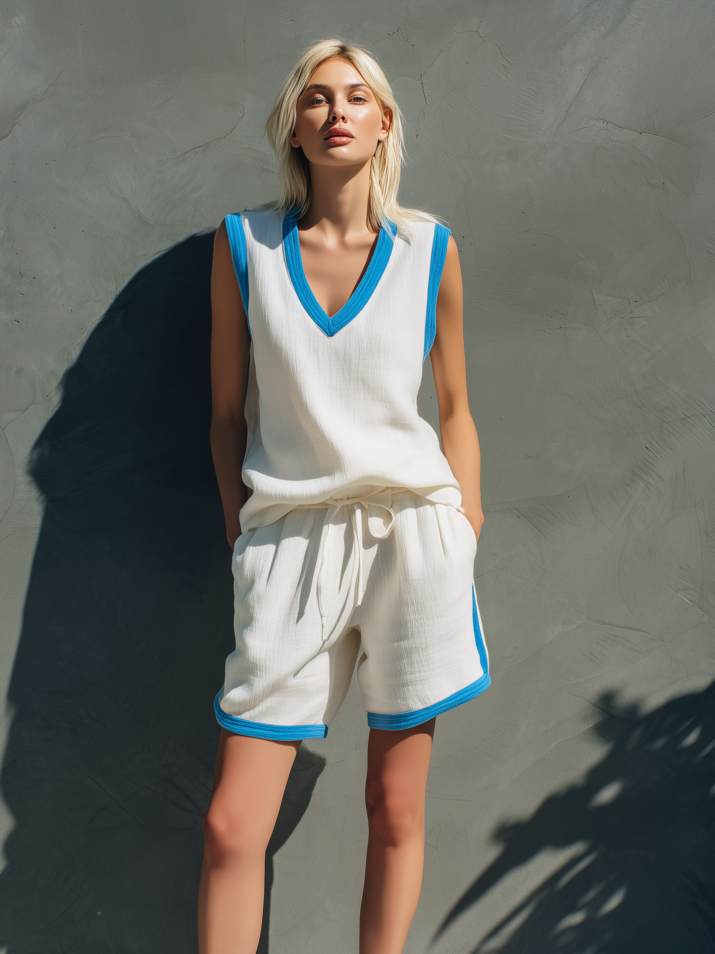 Women's Casual White Cotton-Linen V-Neck Sleeveless Top Paired With White Shorts