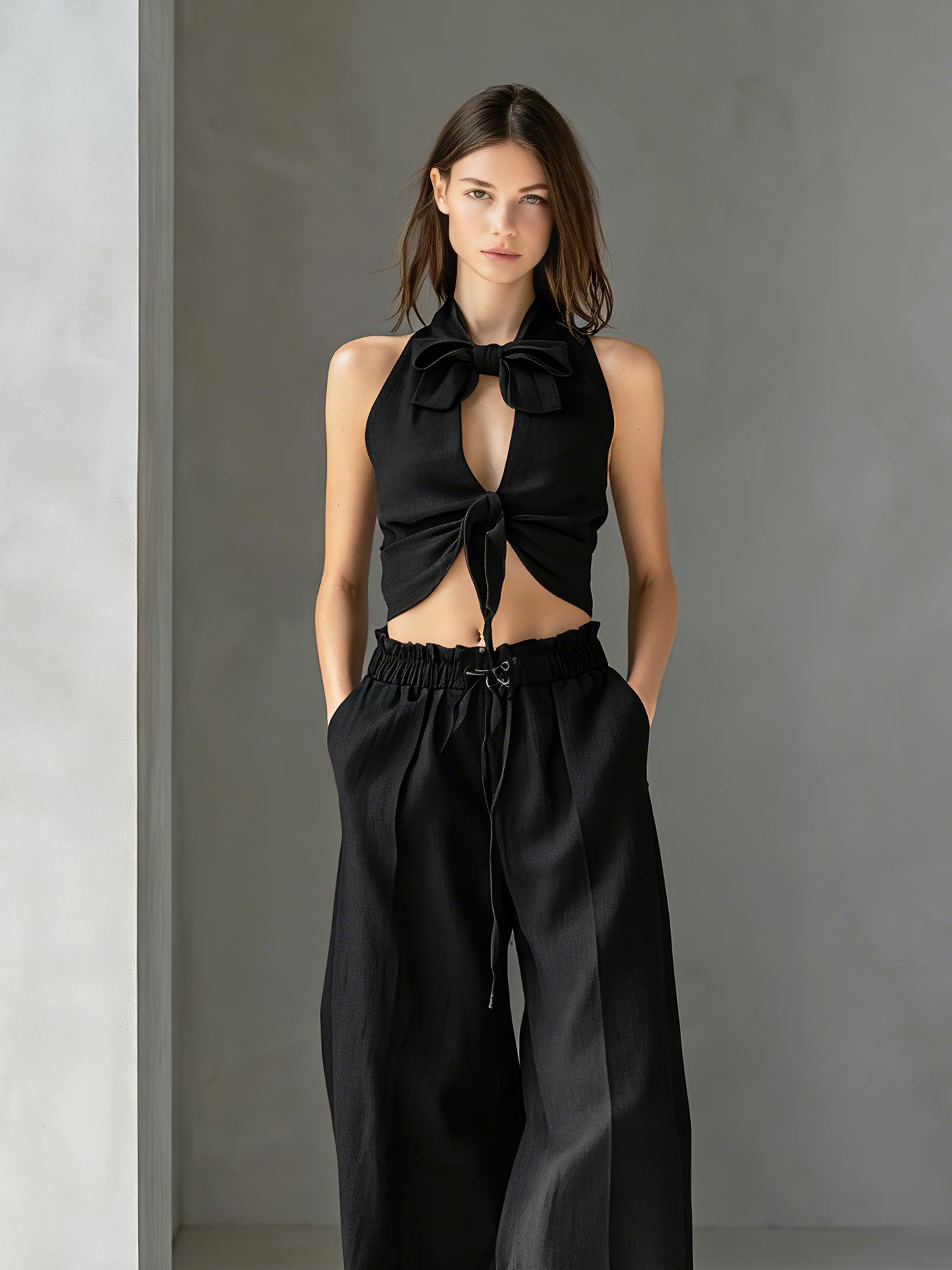 Women's Casual Black Cotton-Linen Sleeveless Top With Tie-Front Detail (Lined) — Paired With Trousers