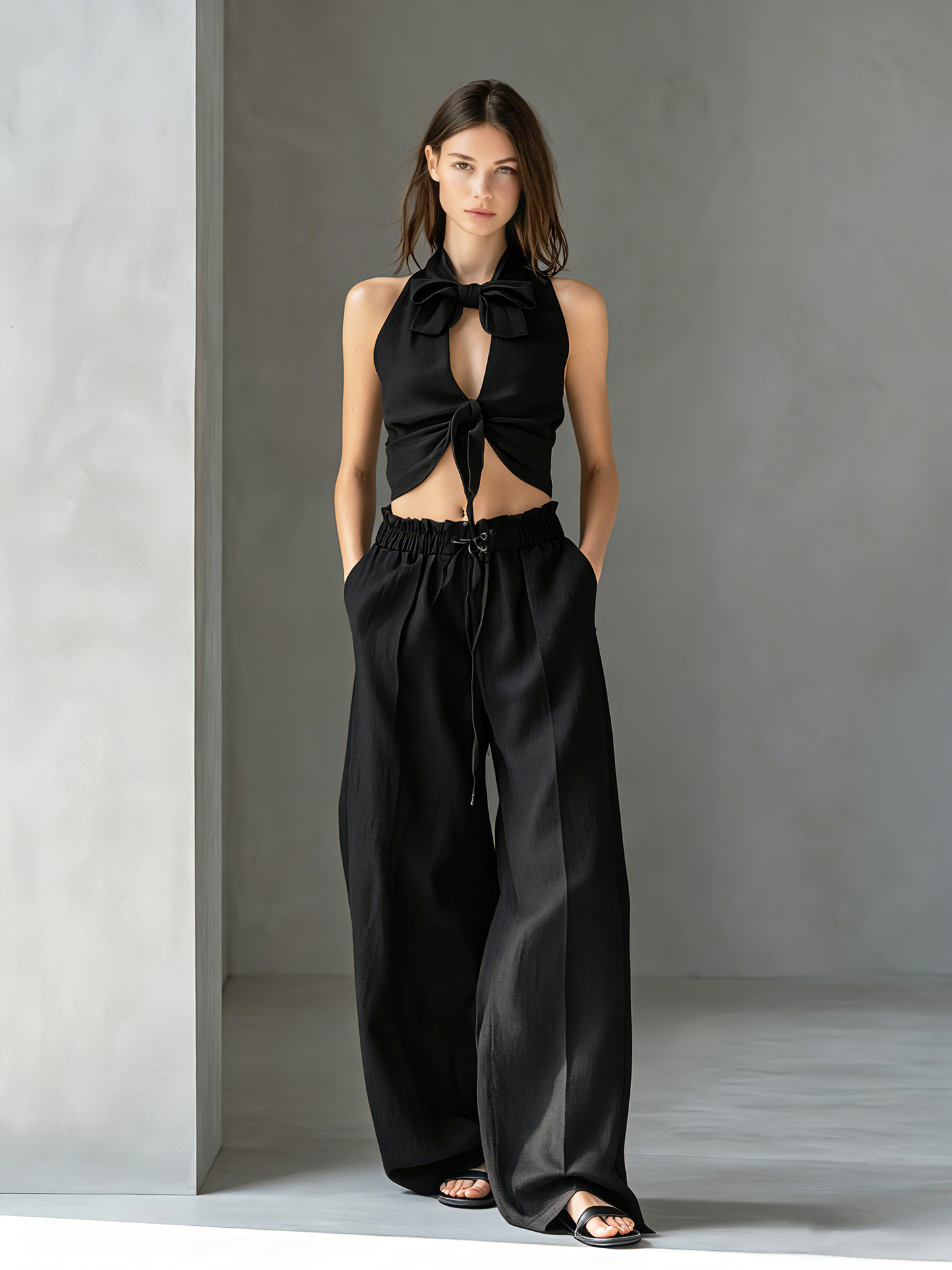 Women's Casual Black Cotton-Linen Sleeveless Top With Tie-Front Detail (Lined) — Paired With Trousers