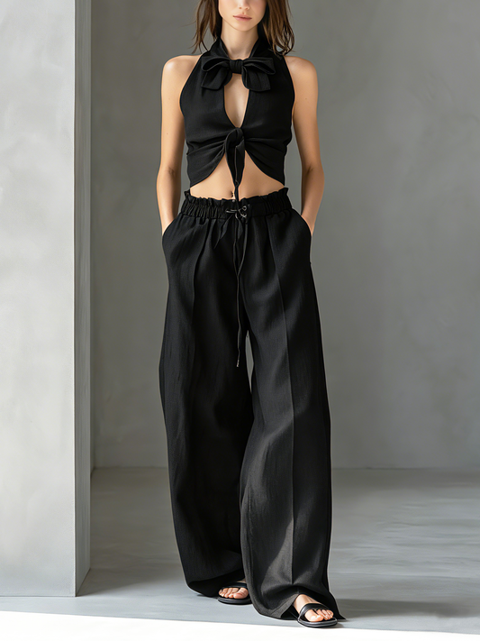 Women's Casual Black Cotton-Linen Sleeveless Top With Tie-Front Detail (Lined) — Paired With Trousers