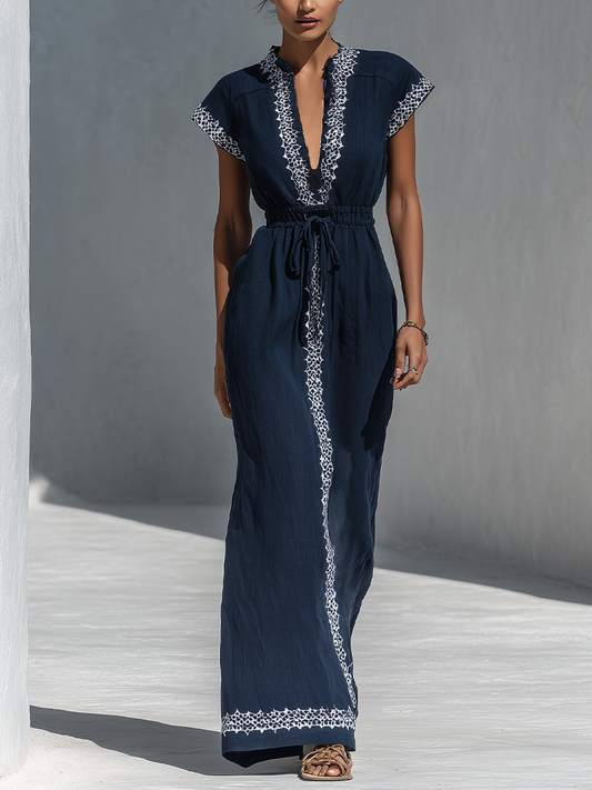 Women’s Navy Blue Linen-Blend Maxi Dress With White Contrast Embroidery & Drawstring Waist