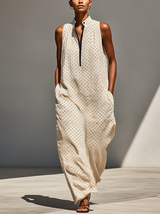 Women’s Beige Polka Dot Linen-Blend Sleeveless Maxi Dress With Stand Collar & Half Placket