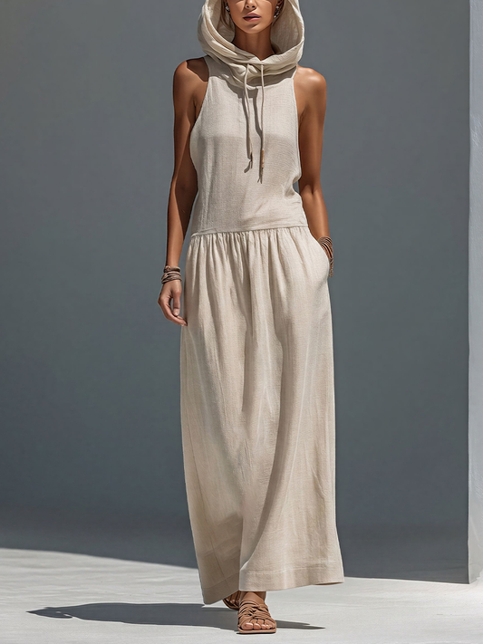 Women’s Beige Linen-Blend Sleeveless Hooded Maxi Dress