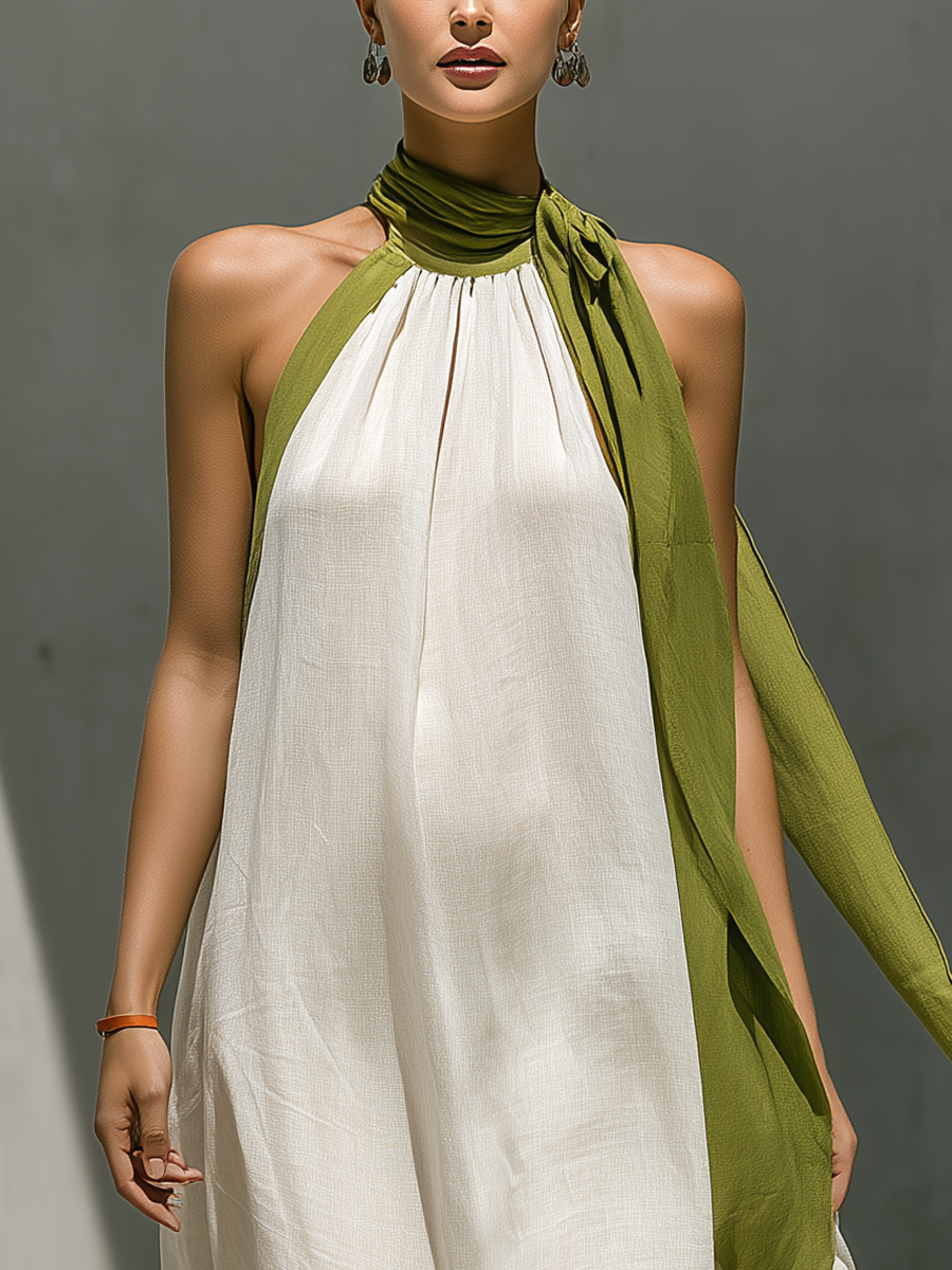 Women’s White Linen-Blend Halter Neck Maxi Dress With Green Contrast Trim & Tie Detail