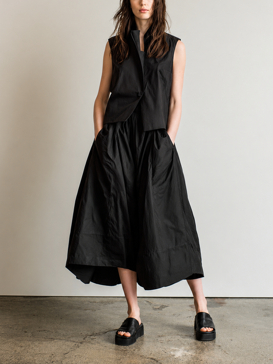 Women's Minimalist Commuter-Casual Faux Two-Piece Cotton-Linen Black Sleeveless Midi Dress