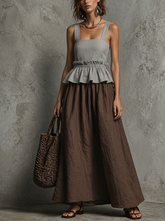 Women's Minimalist Style Gray And Brown Color-Block Linen-Cotton Waist-Tiered Peplum Faux Two-Piece Maxi Dress