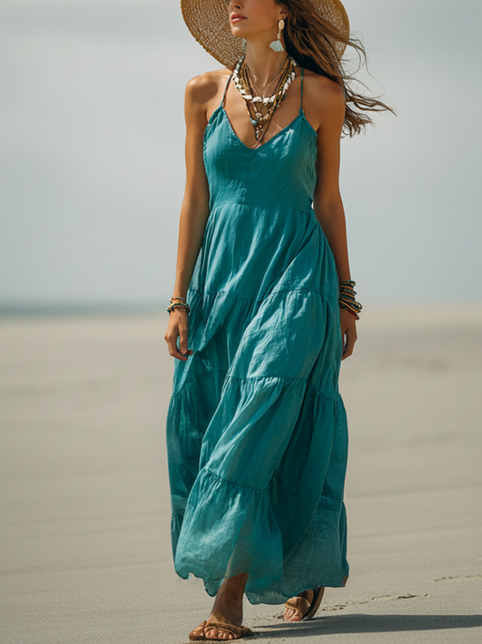 Women's Bohemian-Style Teal Linen-Cotton Tiered Ruffle Spaghetti Strap Maxi Dress
