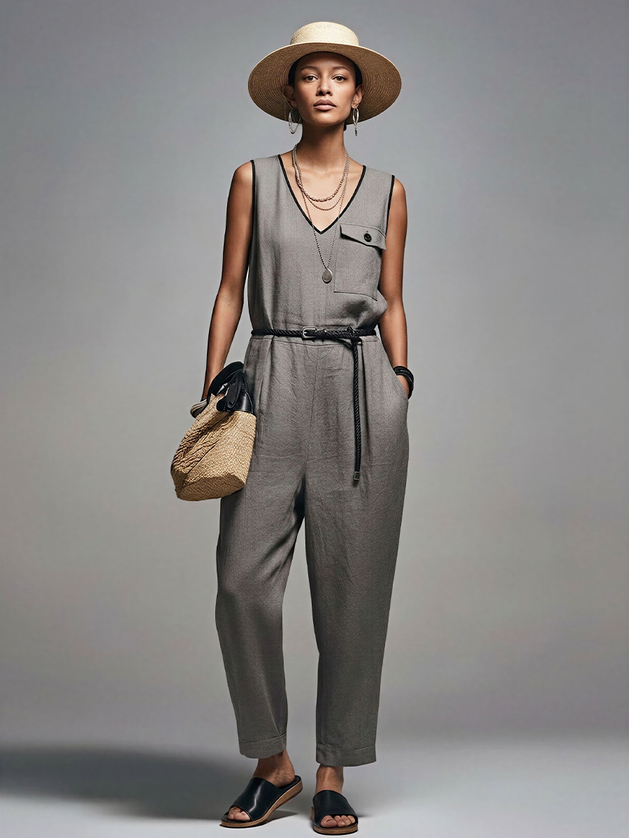 Women's Commuter Style Gray Linen-Cotton Blend V-Neck Contrast Binding Sleeveless Jumpsuit(Belt Not Included)