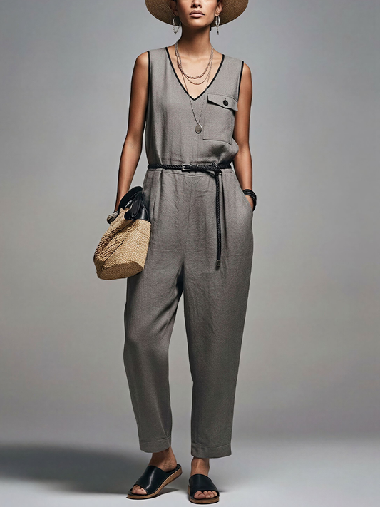Women's Commuter Style Gray Linen-Cotton Blend V-Neck Contrast Binding Sleeveless Jumpsuit(Belt Not Included)