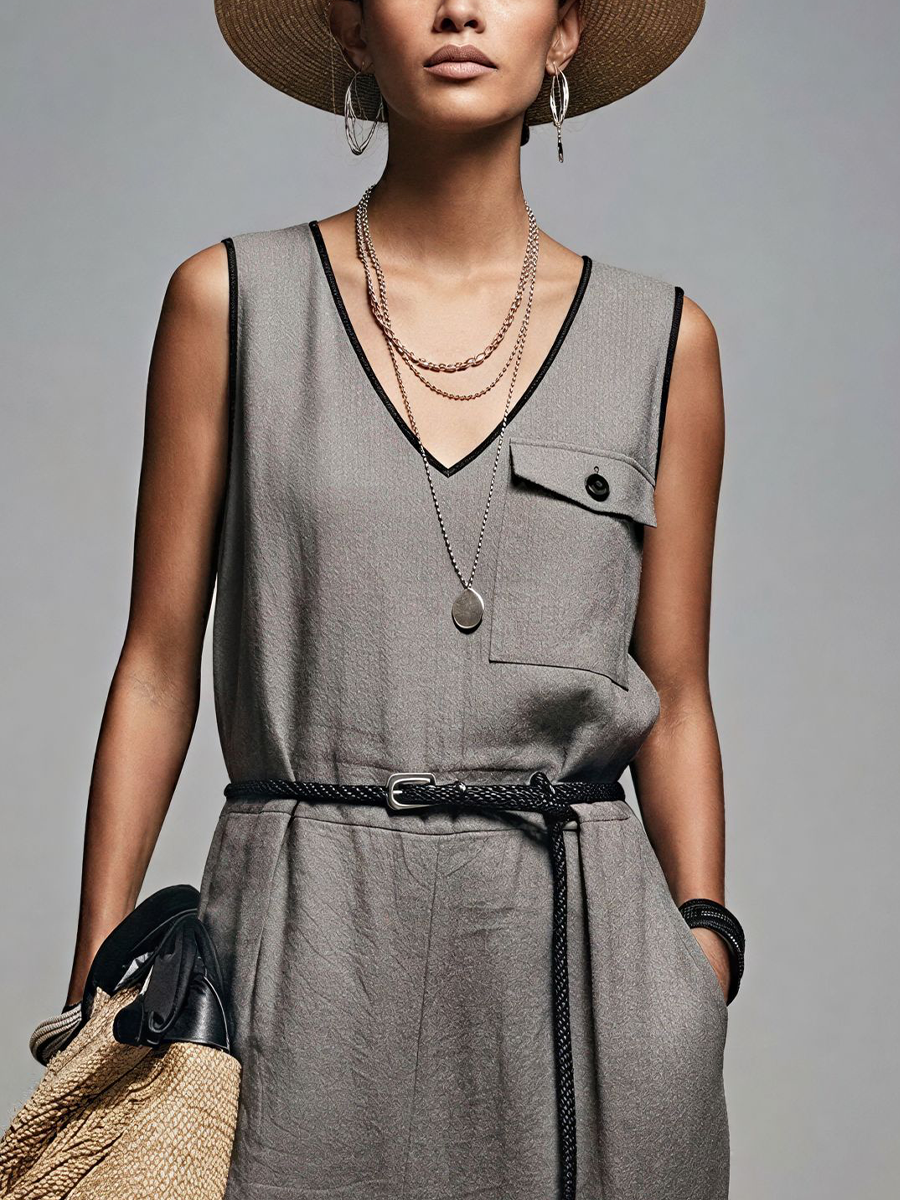 Women's Commuter Style Gray Linen-Cotton Blend V-Neck Contrast Binding Sleeveless Jumpsuit(Belt Not Included)