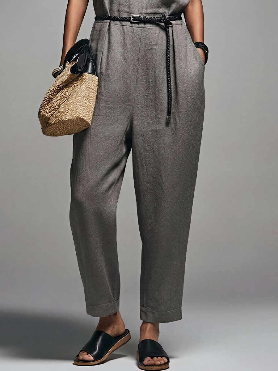 Women's Commuter Style Gray Linen-Cotton Blend V-Neck Contrast Binding Sleeveless Jumpsuit(Belt Not Included)