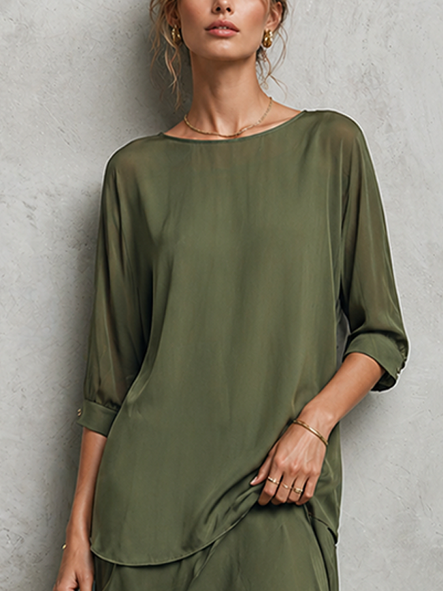 Women's Elegant Olive Green Chiffon Crew Neck Elbow-length Sleeves Top And Asymmetric Maxi Skirt Set