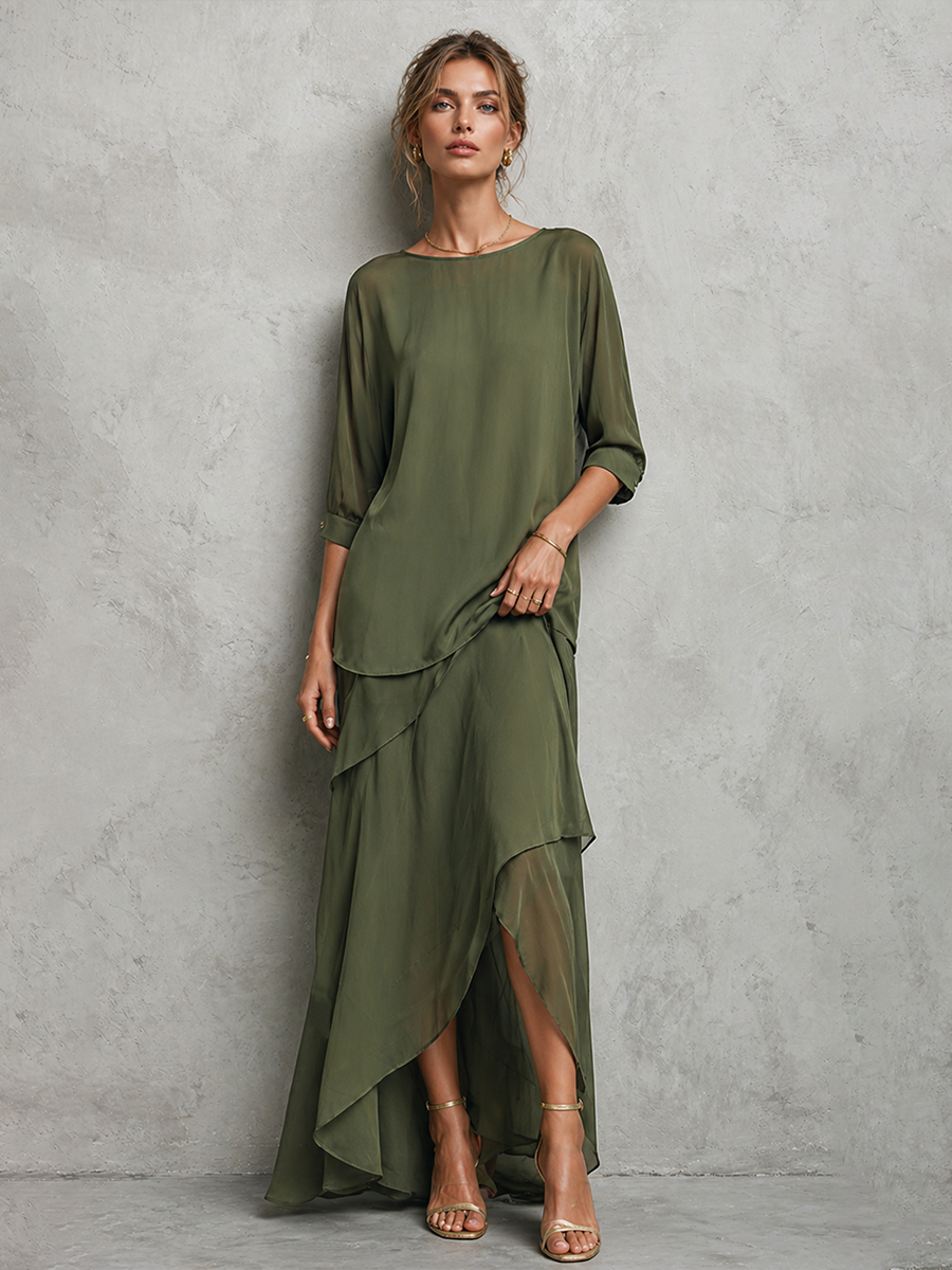 Women's Elegant Olive Green Chiffon Crew Neck Elbow-length Sleeves Top And Asymmetric Maxi Skirt Set
