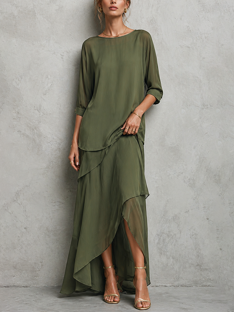 Women's Elegant Olive Green Chiffon Crew Neck Elbow-length Sleeves Top And Asymmetric Maxi Skirt Set