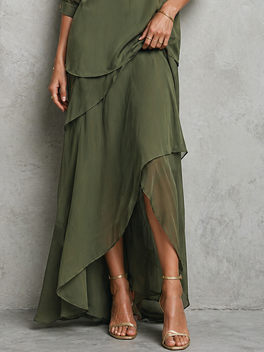 Women's Elegant Olive Green Chiffon Crew Neck Elbow-length Sleeves Top And Asymmetric Maxi Skirt Set
