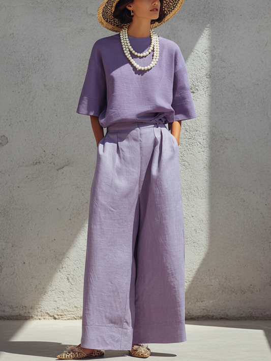 Women's Minimalist Purple Linen-Cotton Blend Loose Crew Neck Top And High-Waisted Wide-Leg Pants Set