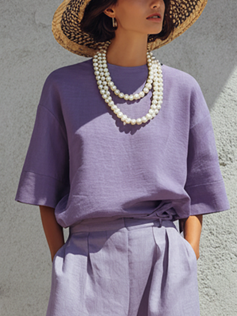 Women's Minimalist Purple Linen-Cotton Blend Loose Crew Neck Top And High-Waisted Wide-Leg Pants Set