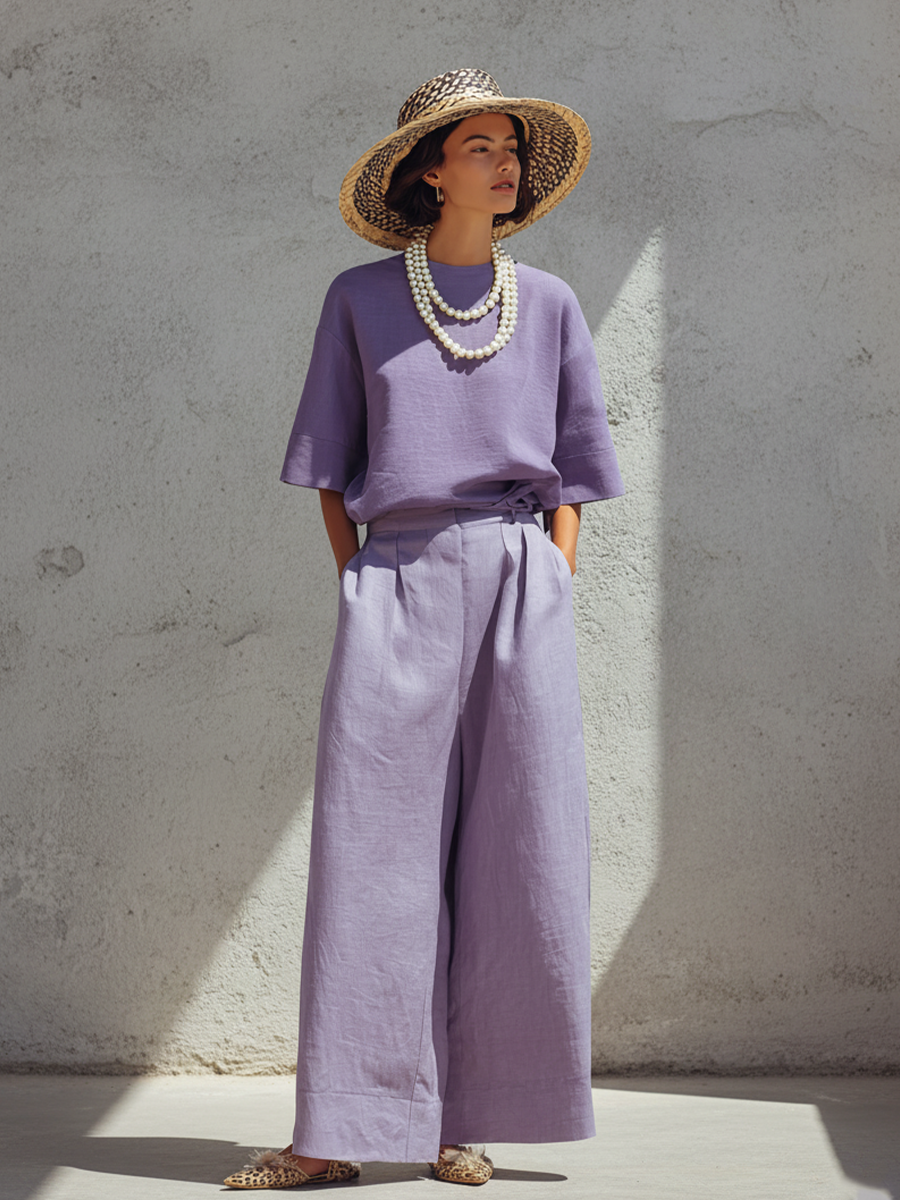 Women's Minimalist Purple Linen-Cotton Blend Loose Crew Neck Top And High-Waisted Wide-Leg Pants Set