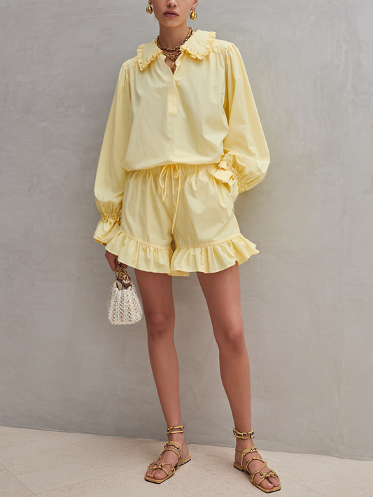 Women's Fresh Style Light Yellow Cotton Blend Ruffle Collar Shirt And Drawstring Shorts Set