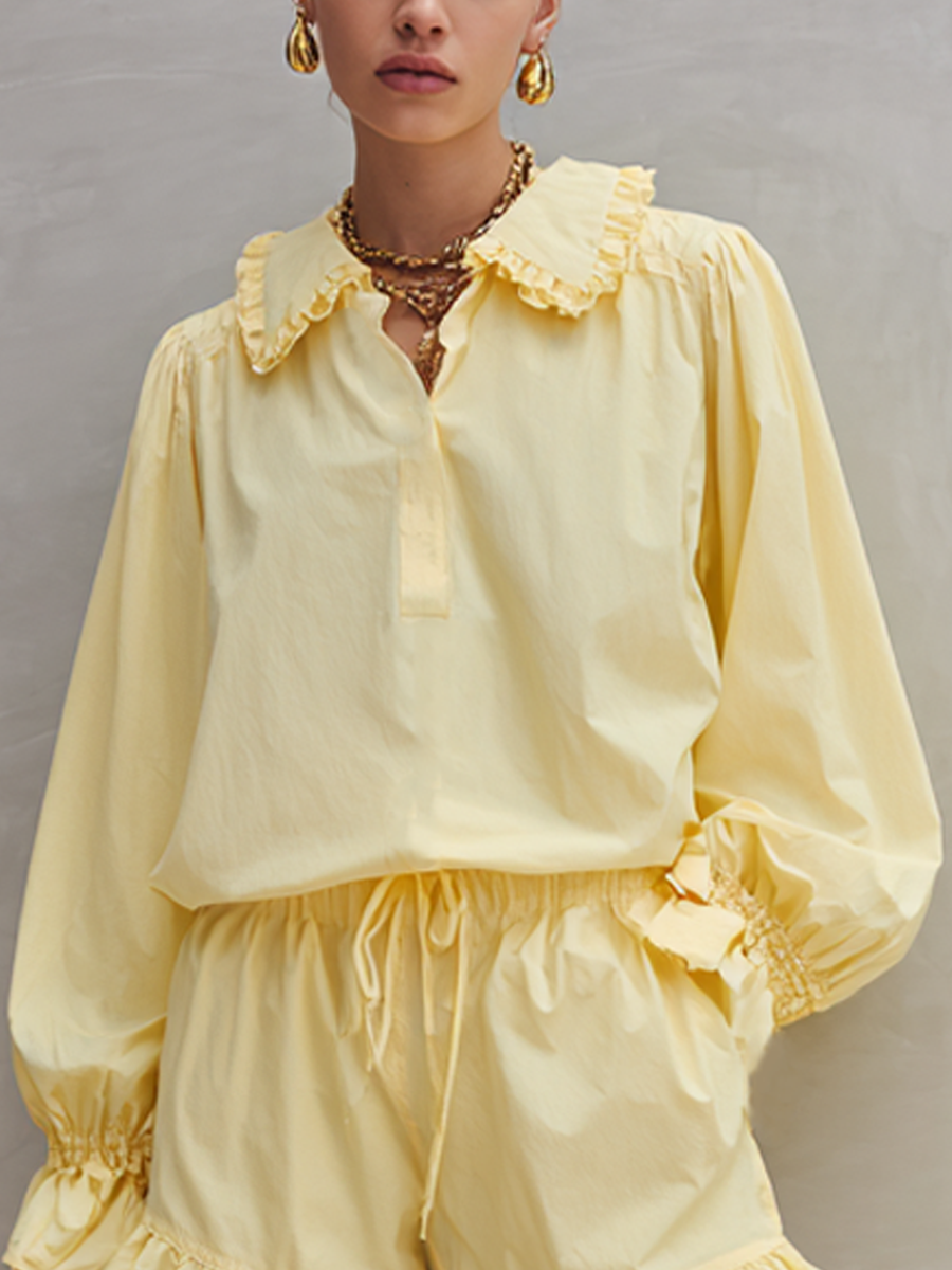 Women's Fresh Style Light Yellow Cotton Blend Ruffle Collar Shirt And Drawstring Shorts Set