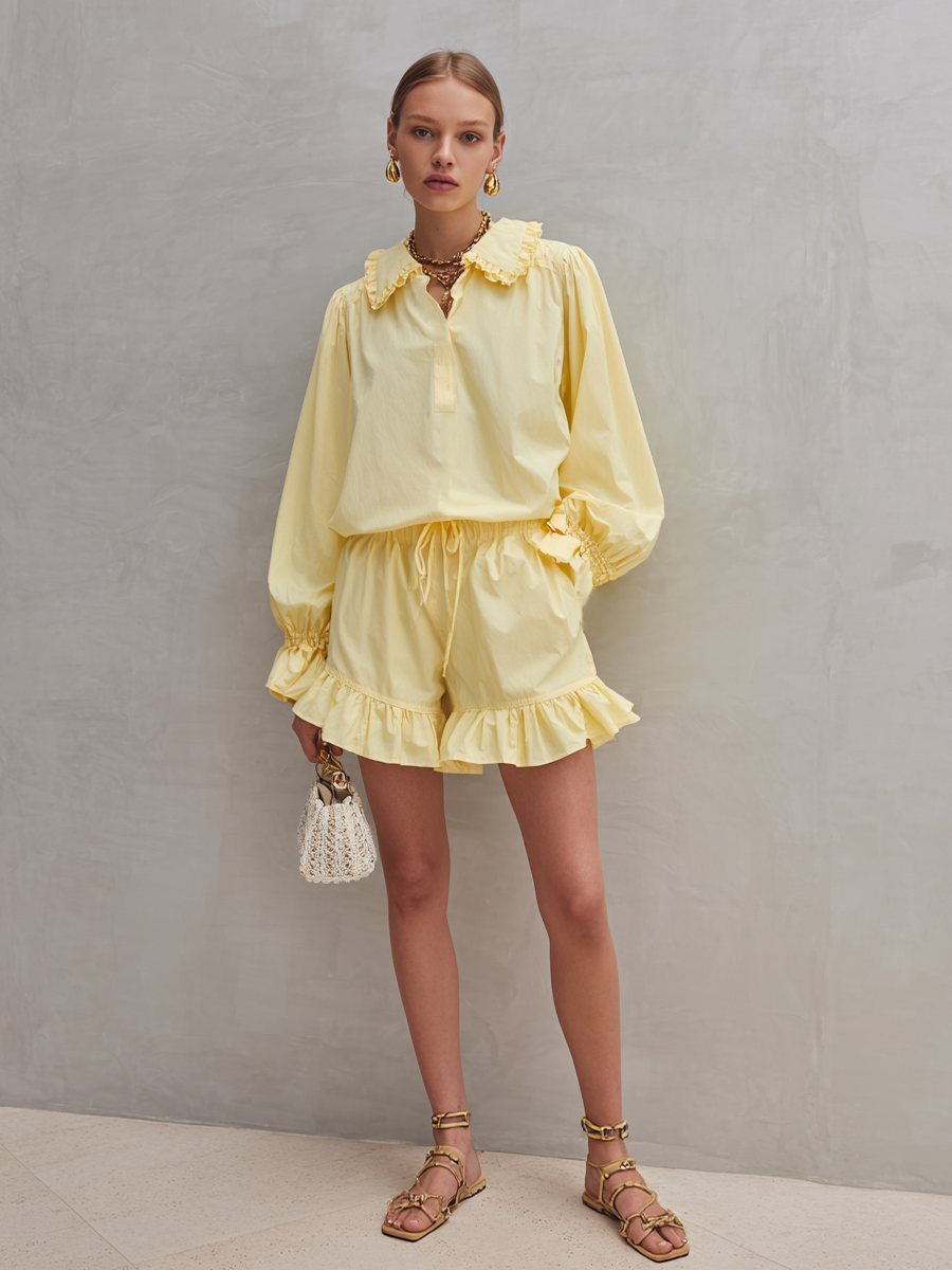 Women's Fresh Style Light Yellow Cotton Blend Ruffle Collar Shirt And Drawstring Shorts Set